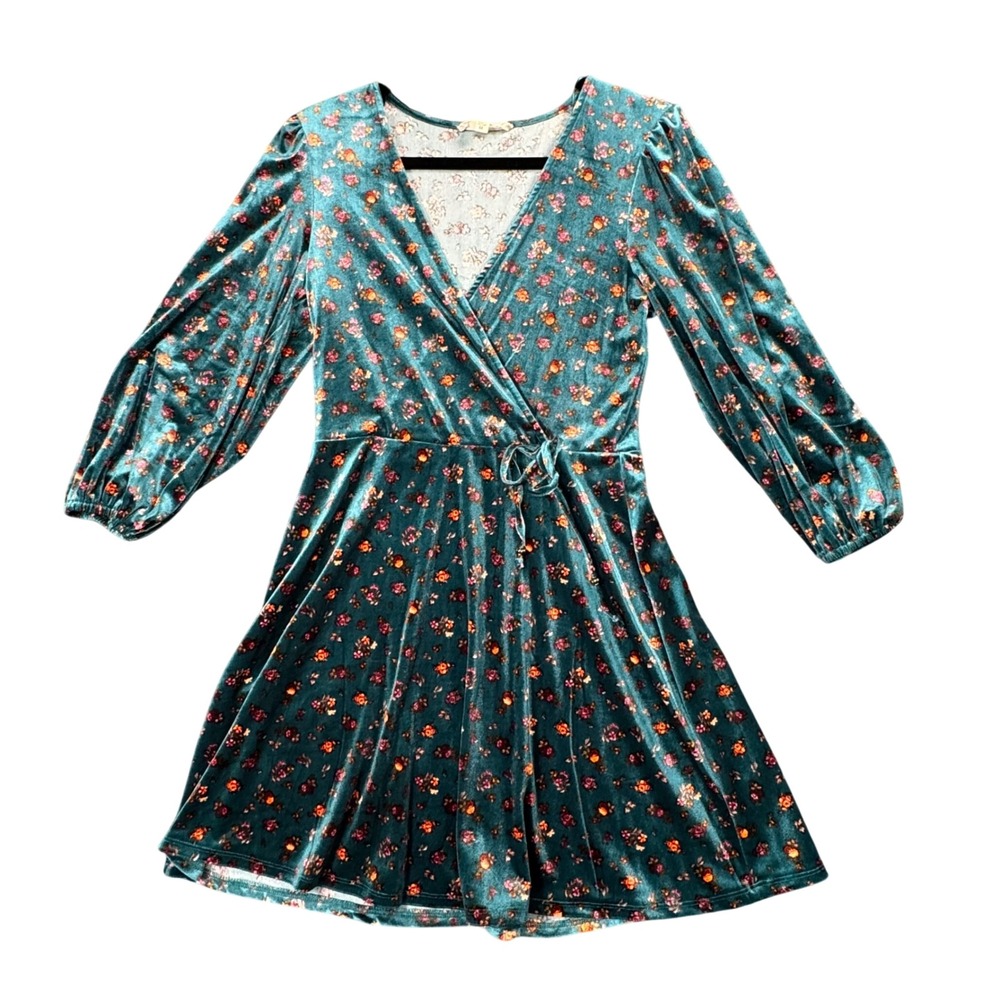 Bebop Teal Floral Velvet Faux Wrap‎ Mini Dress Whimsigoth Boho Indie M